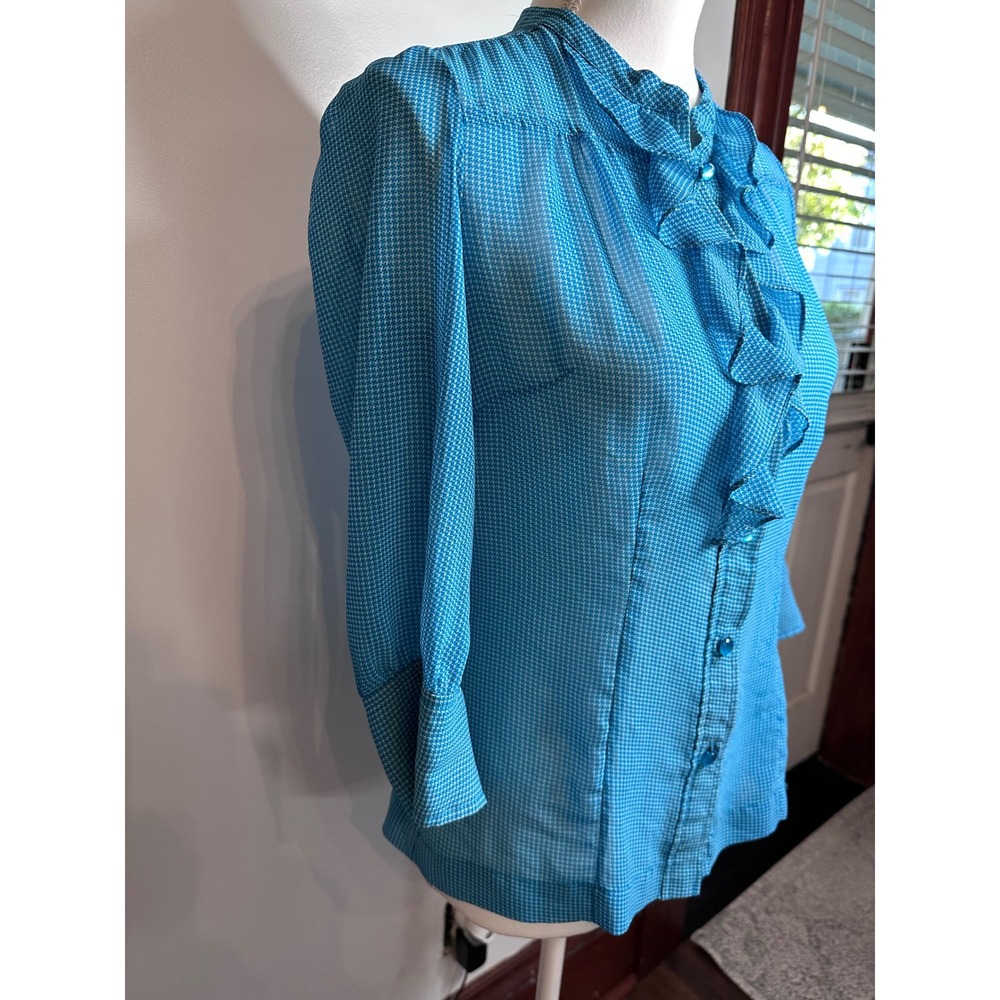 Banana Republic Turquoise Houndstooth Ruffle Front Blouse 3/4 Sleeve Size 2 - Picture 2 of 8